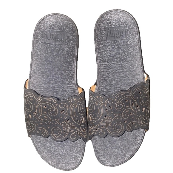 Fitflop Shoes - FitFlop Urban Flora Laser-Cut Black Leather Women Slide-On Sandals US 8